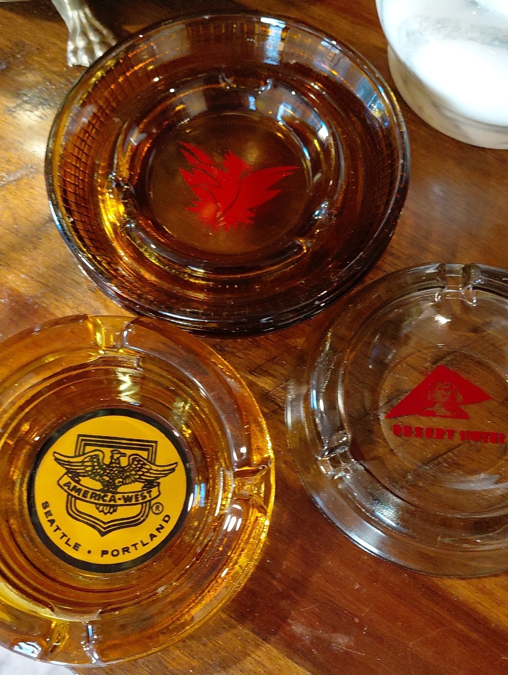 4 American West Amber Glass Ashtray with Red Decal
